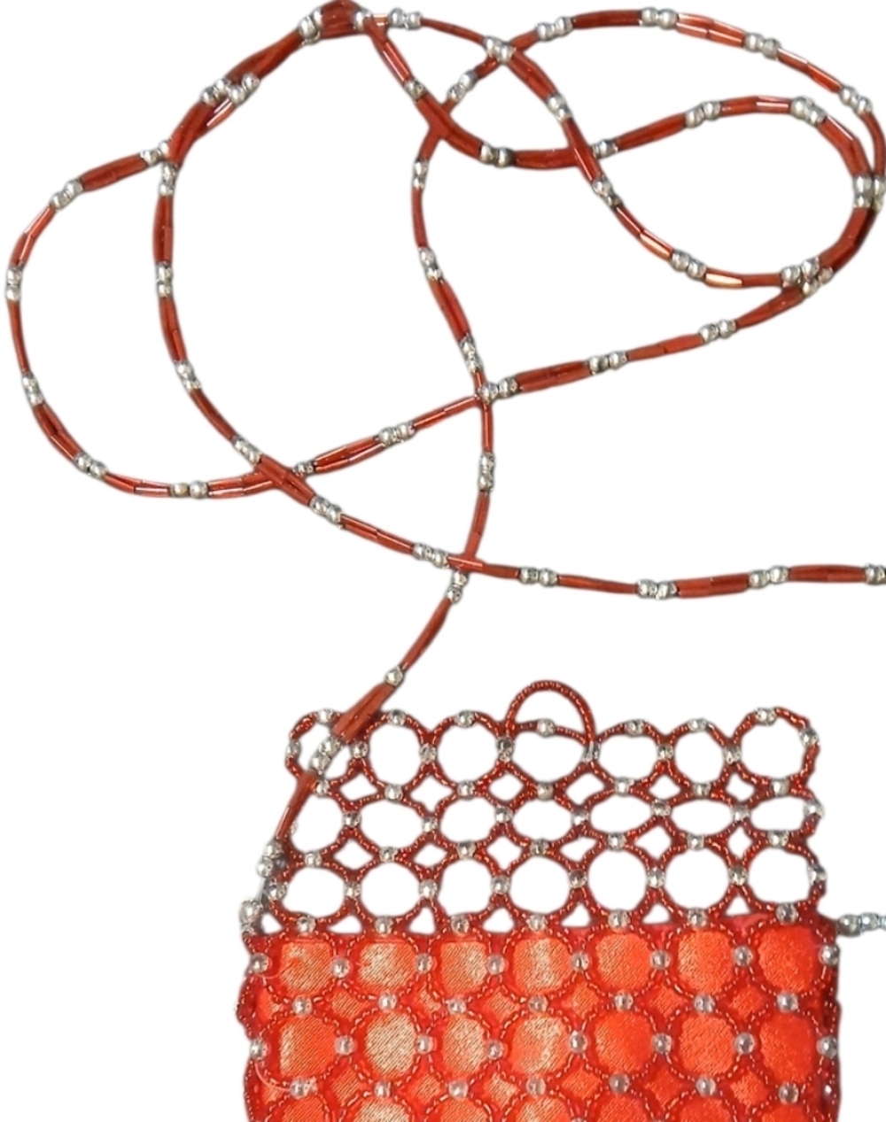Red Beaded Crossbody Evening Bag, Hoop Clasp, Red Nylon, Red/Silver Beads - Picture 7 of 9